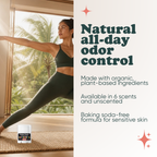 Woman doing yoga with Pretty Frank Charcoal Seaside baking soda free travel size deodorant nearby