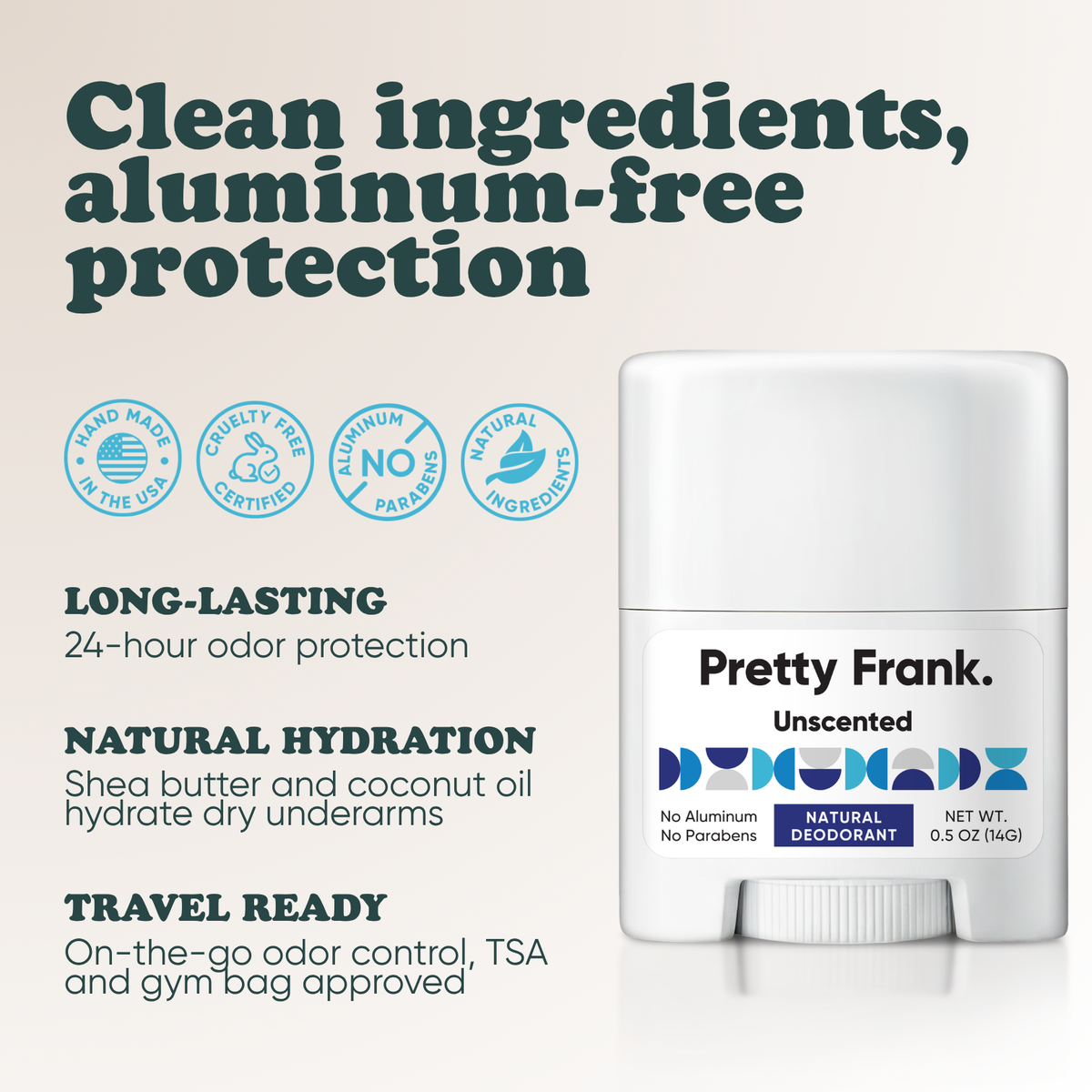 Pretty Frank Unscented extra strength travel size deodorant with baking soda: 24-hour odor protection, with shea butter and coconut oil for hydration