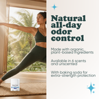 Woman doing yoga with Pretty Frank Unscented extra strength travel size deodorant with baking soda nearby