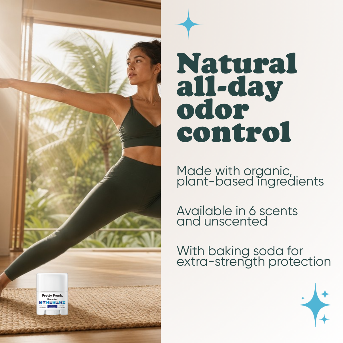 Woman doing yoga with Pretty Frank Unscented extra strength travel size deodorant with baking soda nearby