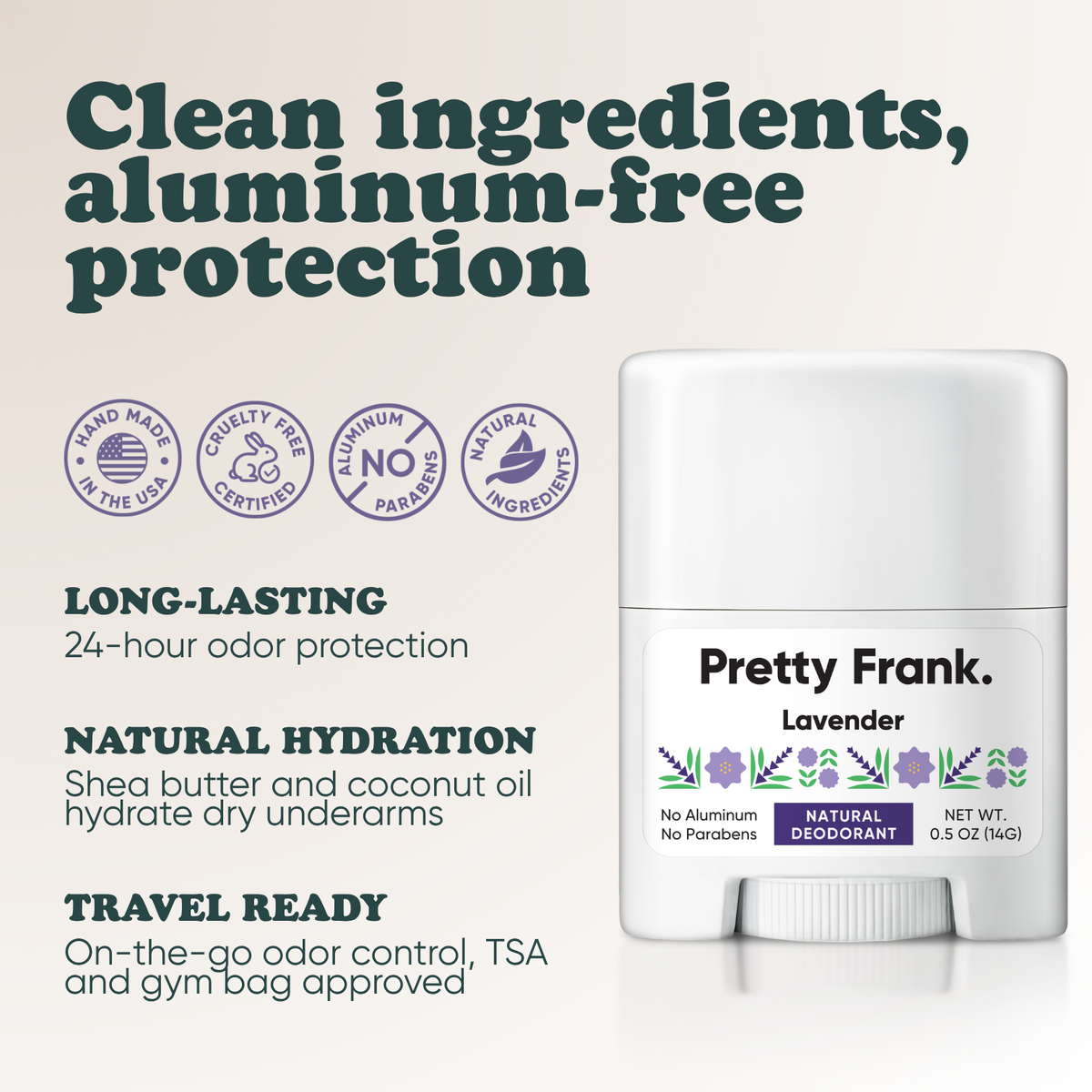 Pretty Frank Lavender extra strength travel size deodorant with baking soda: 24-hour odor protection, with shea butter and coconut oil for hydration