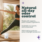 Woman doing yoga with Pretty Frank Lavender extra strength travel size deodorant with baking soda nearby