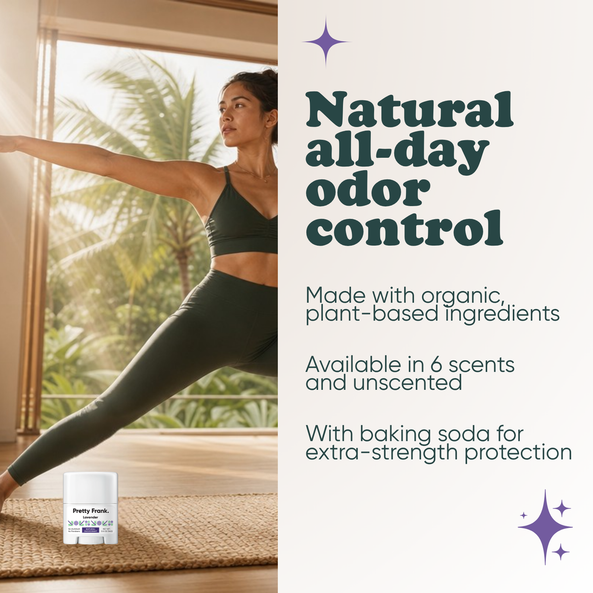 Woman doing yoga with Pretty Frank Lavender extra strength travel size deodorant with baking soda nearby