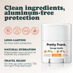 Pretty Frank Orange Vanilla extra strength travel size deodorant with baking soda: 24-hour odor protection, with shea butter and coconut oil for hydration