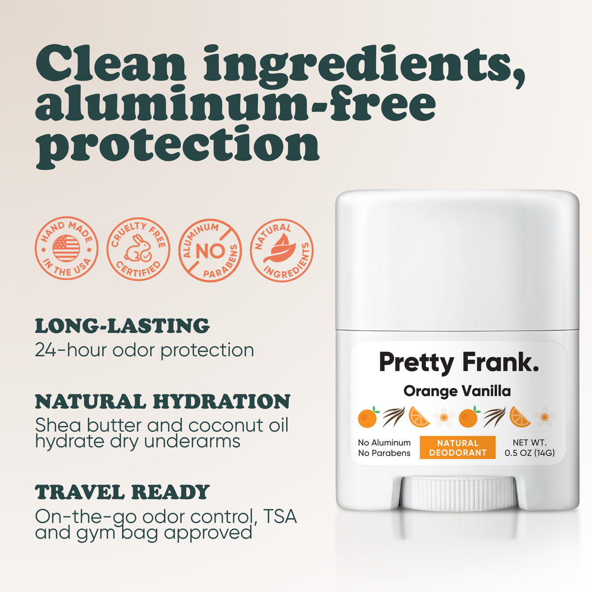 Pretty Frank Orange Vanilla extra strength travel size deodorant with baking soda: 24-hour odor protection, with shea butter and coconut oil for hydration