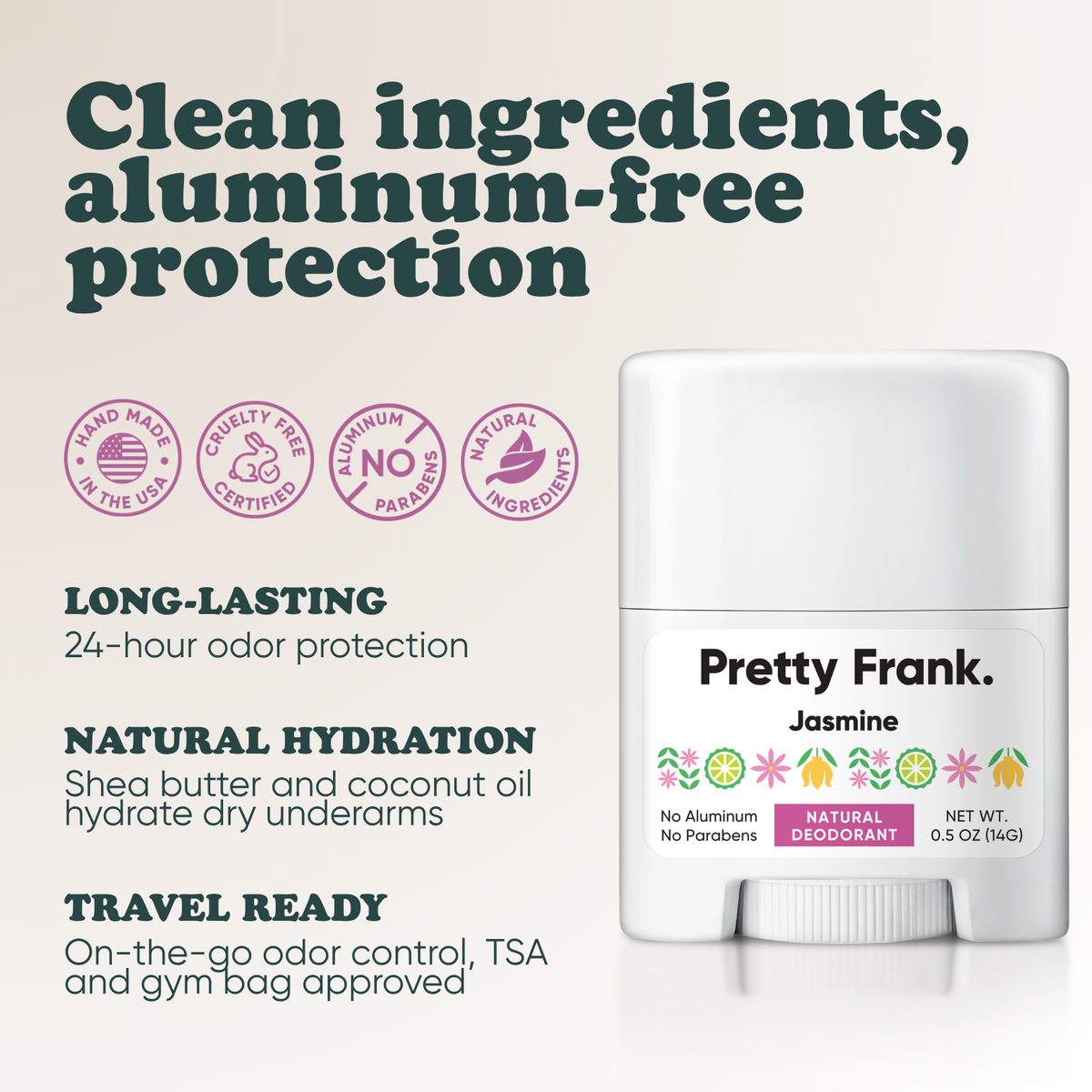 Pretty Frank Jasmine extra strength travel size deodorant with baking soda: 24-hour odor protection, with shea butter and coconut oil for hydration