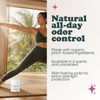 Woman doing yoga with Pretty Frank Jasmine extra strength travel size deodorant with baking soda nearby