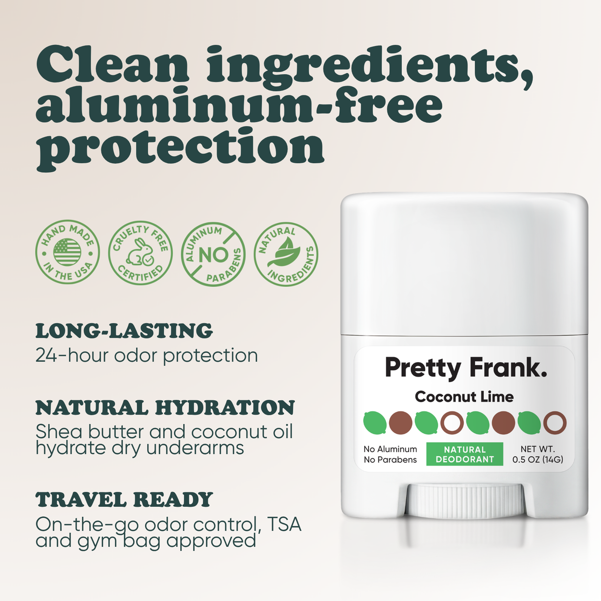 Pretty Frank Coconut Lime extra strength travel size deodorant with baking soda: 24-hour odor protection, with shea butter and coconut oil for hydration