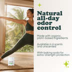 Woman doing yoga with Pretty Frank Coconut Lime extra strength travel size deodorant with baking soda nearby