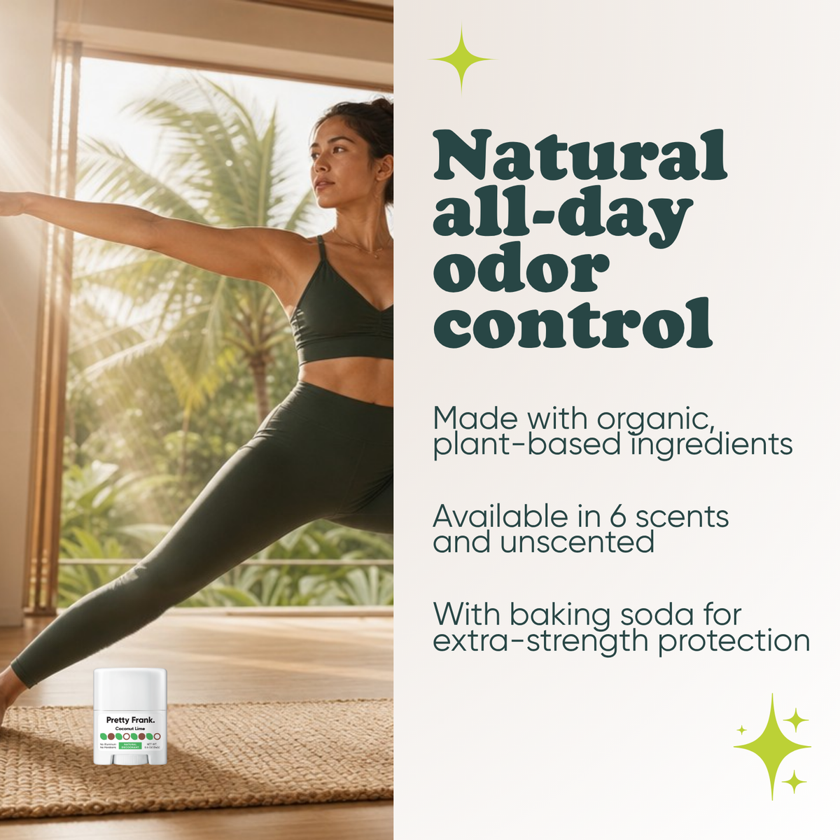 Woman doing yoga with Pretty Frank Coconut Lime extra strength travel size deodorant with baking soda nearby