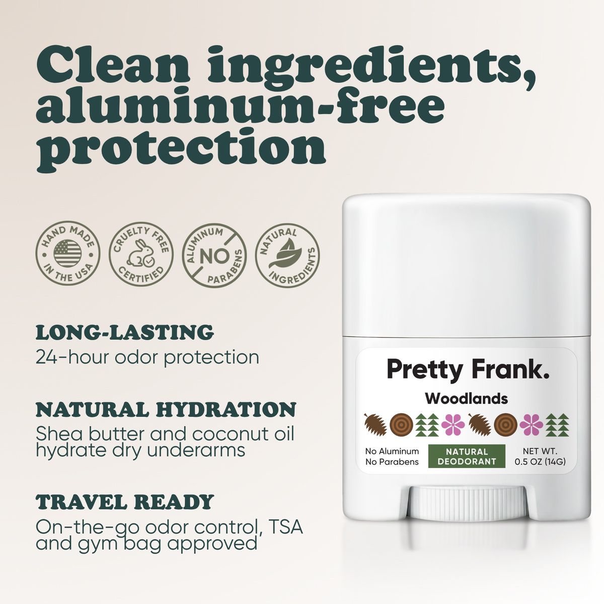 Pretty Frank Woodlands extra strength travel size deodorant with baking soda: 24-hour odor protection, with shea butter and coconut oil for hydration