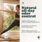 Woman doing yoga with Pretty Frank Woodlands extra strength travel size deodorant with baking soda nearby