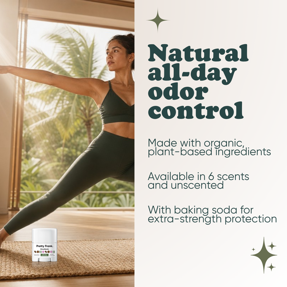 Woman doing yoga with Pretty Frank Woodlands extra strength travel size deodorant with baking soda nearby