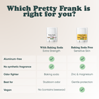 Pretty Frank comparison chart: with baking soda for extra strength vs. baking soda free for sensitive skin