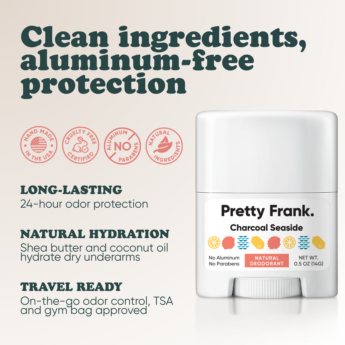 Pretty Frank Charcoal Seaside extra strength travel size deodorant with baking soda: 24-hour odor protection, with shea butter and coconut oil for hydration
