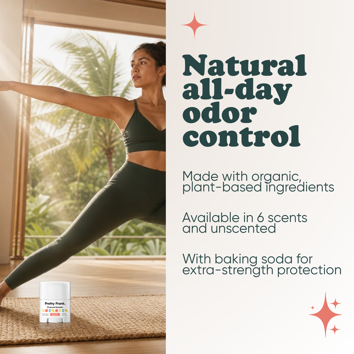 Woman doing yoga with Pretty Frank Charcoal Seaside extra strength travel size deodorant with baking soda nearby