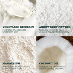 Key ingredients in Pretty Frank baking soda free deodorant: vegetable glycerin, arrowroot powder, magnesium, and coconut oil
