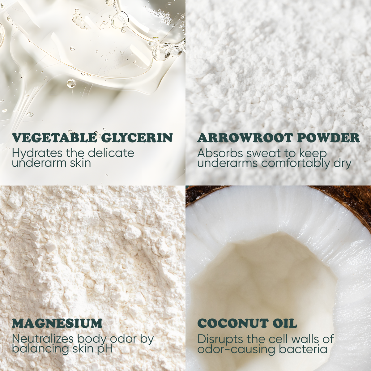 Key ingredients in Pretty Frank baking soda free deodorant: vegetable glycerin, arrowroot powder, magnesium, and coconut oil