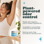 Woman stretching with Pretty Frank Unscented baking soda free natural deodorant jar on a shelf nearby