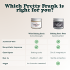 Pretty Frank comparison chart: with baking soda for extra strength vs. baking soda free for sensitive skin
