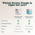 Pretty Frank comparison chart: with baking soda for extra strength vs. baking soda free for sensitive skin