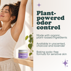Woman stretching with Pretty Frank Lavender baking soda free natural deodorant jar on a shelf nearby