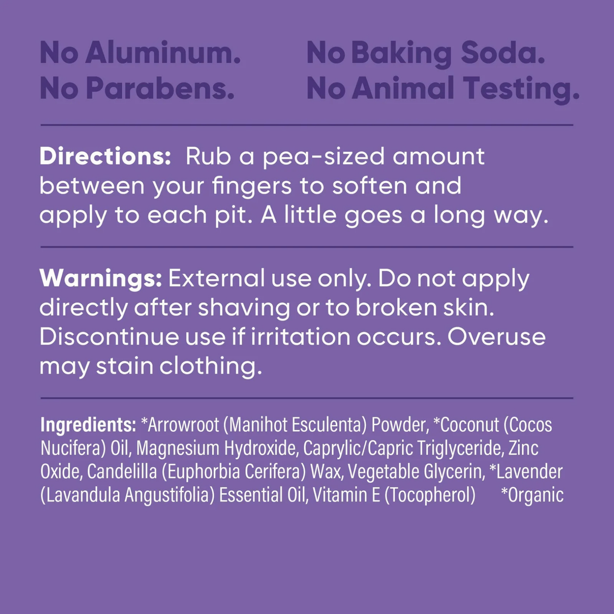 Pretty Frank Lavender baking soda free natural deodorant jar directions, warnings, and full ingredient list