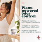 Woman stretching with Pretty Frank Unscented extra strength natural deodorant jar with baking soda on a shelf nearby