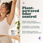 Woman stretching with Pretty Frank Lavender extra strength natural deodorant jar with baking soda on a shelf nearby