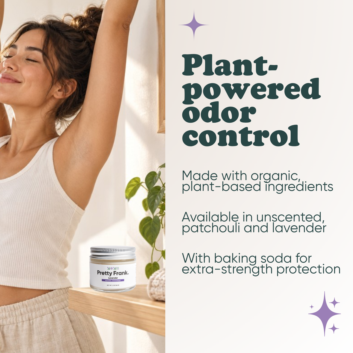 Woman stretching with Pretty Frank Lavender extra strength natural deodorant jar with baking soda on a shelf nearby