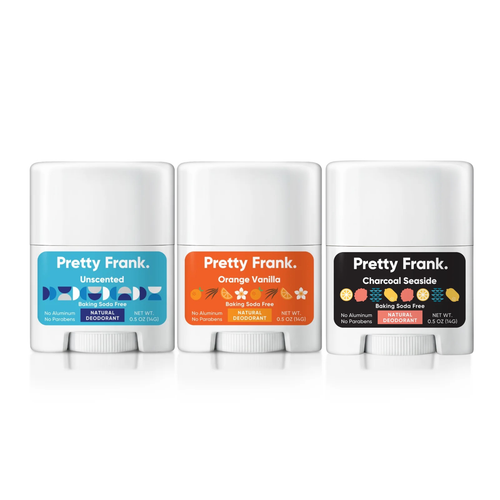 Pretty Frank Natural Aluminum-Free & Baking Soda-Free Travel Deodorant Sticks, Unscented, Orange Vanilla & Charcoal Seaside (3-Pack)
