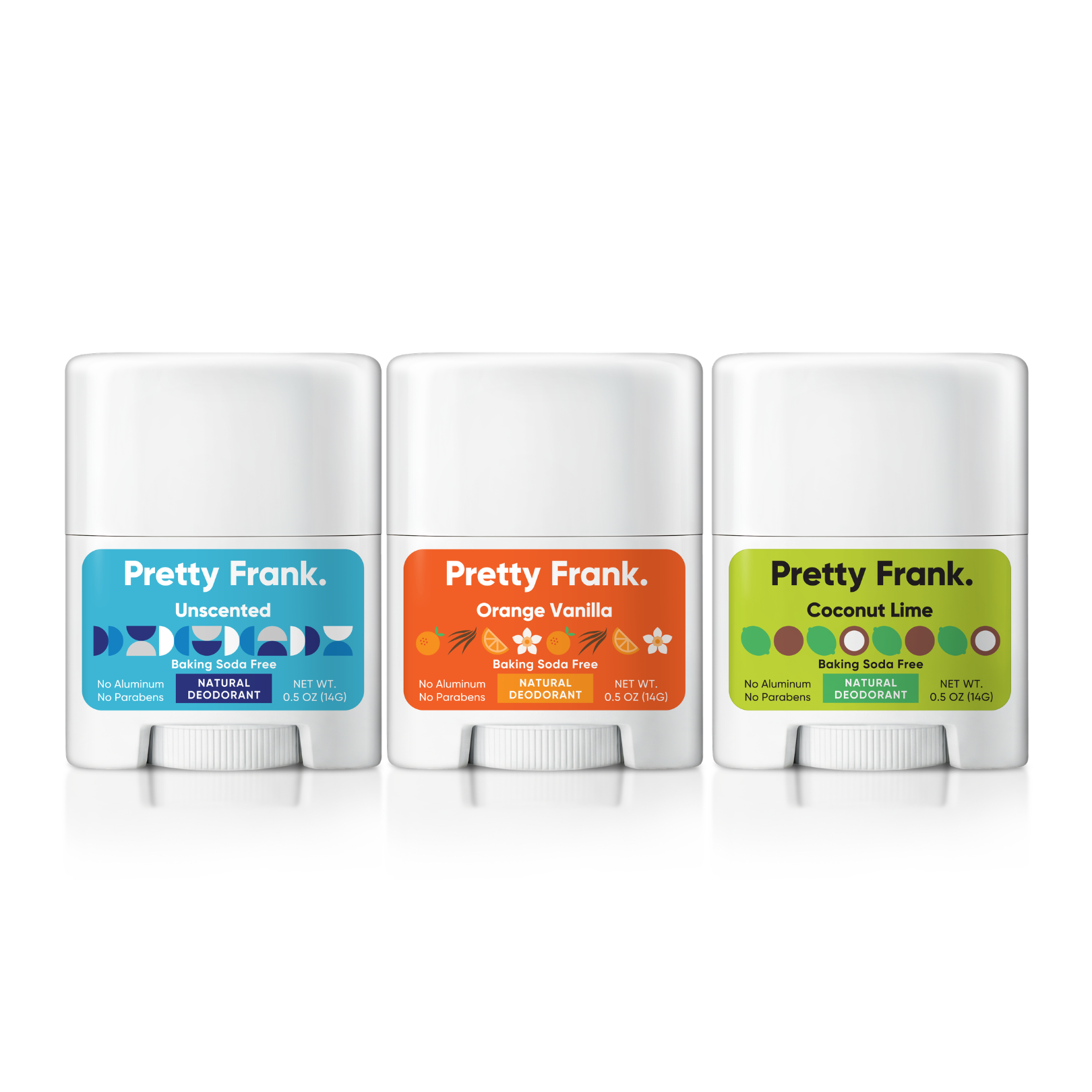 Pretty Frank Natural Aluminum-Free & Baking Soda-Free Travel Deodorant Sticks, Unscented, Orange Vanilla & Coconut Lime (3-Pack)