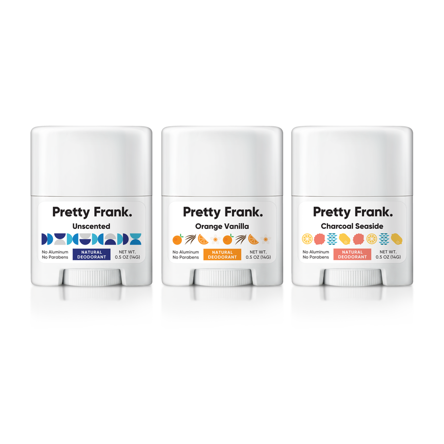 Pretty Frank Natural Aluminum-Free Travel Deodorant Sticks, Unscented, Orange Vanilla & Charcoal Seaside, Baking Soda (3-Pack)