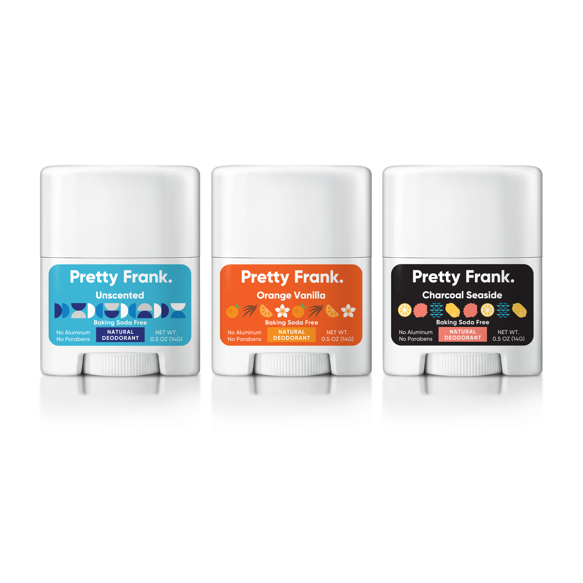 Pretty Frank natural deodorant mini 3-pack – baking soda free – Unscented, Charcoal Seaside and Orange Vanilla