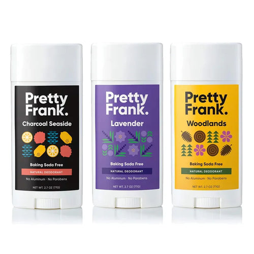 Pretty Frank baking soda free deodorant 3-pack: Charcoal Seaside, Lavender, and Woodlands